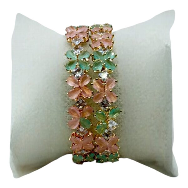 AD Bangles- Mint And Pink Stones- Flower Design- 2 Bangles Set. Product Code:  V-1390