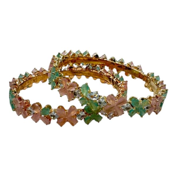 AD Bangles- Mint And Pink Stones- Flower Design- 2 Bangles Set. Product Code:  V-1390 - Image 2