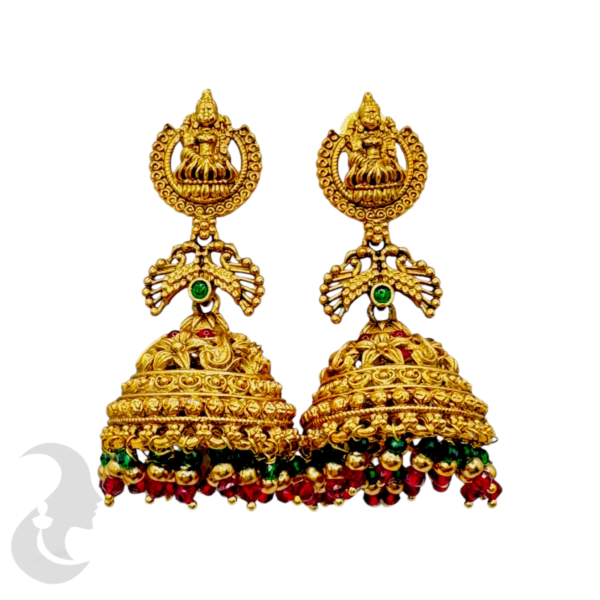 Gold Jhumka- Lakshmi Design- Green & Ruby Color Stones, Product Code: V-1046