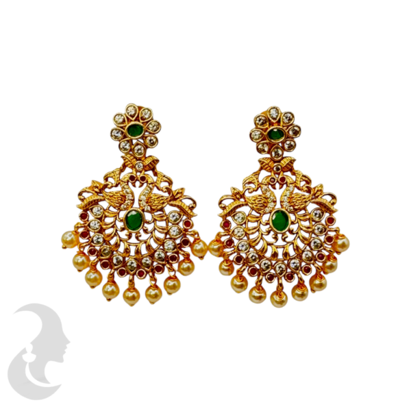 Premium Gold Earring- Peacock Design- Green, Ruby r & White Color Stones, Product Code: V-1048