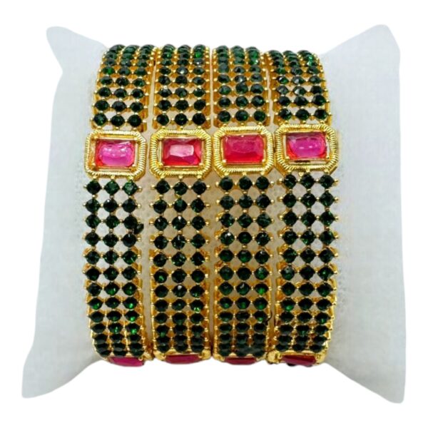 Gold Bangles- Flower Design- Green Color And Ruby Color Stones - 4 Bangles Set. Product Code:  V-1393 - Image 2