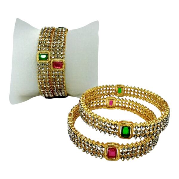 Gold Bangles- Crystal, Ruby Color And Green Color Stones- 4 Bangles Set. Product Code:  V-1395