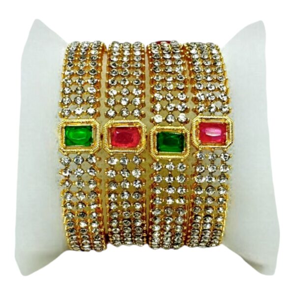 Gold Bangles- Crystal, Ruby Color And Green Color Stones- 4 Bangles Set. Product Code:  V-1395 - Image 2