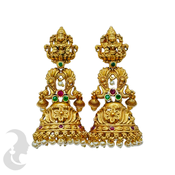 Gold Jhumka Lakshmi & Flower Design - Green & Ruby Color Stones, Product Code: V-1049