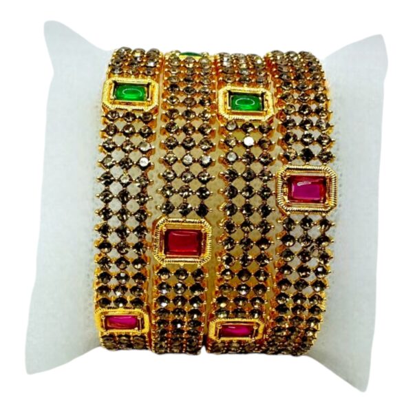 Gold Bangles- Ruby Color,Plain And Green Color Stones- 4 Bangles Set. Product Code:  V-1396