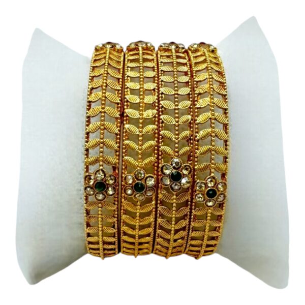 Gold Bangles- Ruby Color, Plain And Green Color Stones- 4 Bangles Set. Product Code:  V-1398