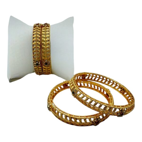 Gold Bangles- Ruby Color, Plain And Green Color Stones- 4 Bangles Set. Product Code:  V-1398 - Image 2