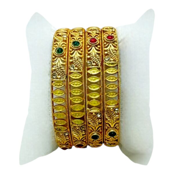 Gold Bangles- Ruby Color, Plain And Green Color Stones- 4 Bangles Set. Product Code:  V-1399