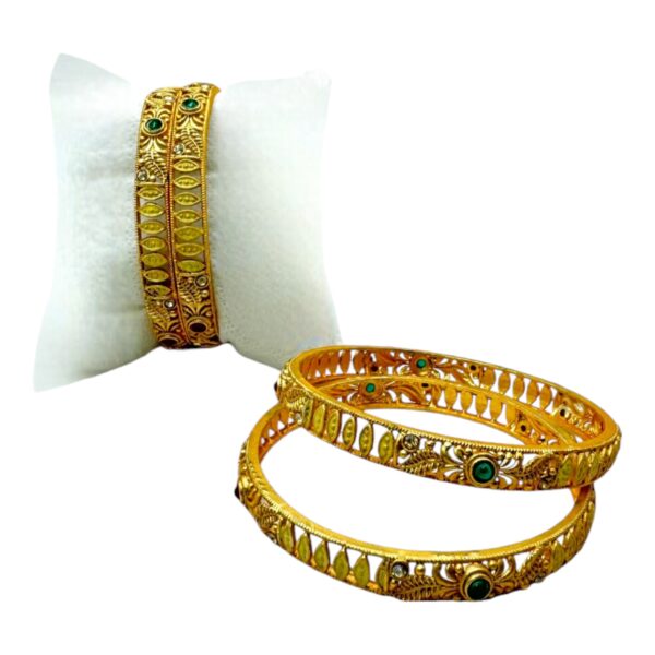 Gold Bangles- Ruby Color, Plain And Green Color Stones- 4 Bangles Set. Product Code:  V-1399 - Image 2