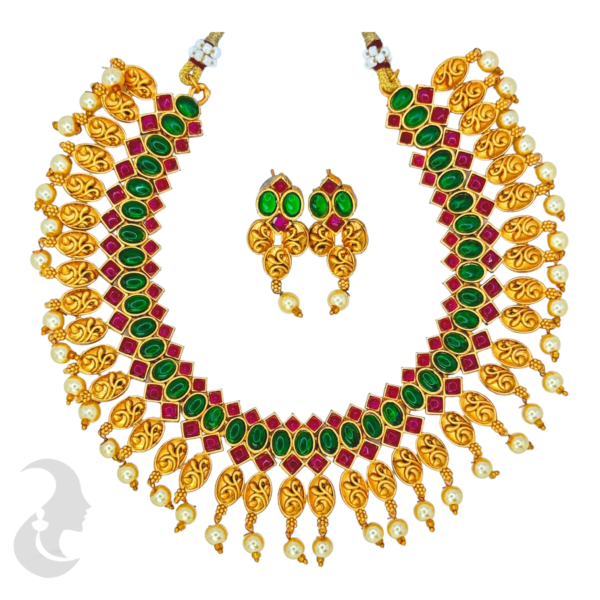 Gold Necklace - Green Color, Ruby Color Stones - Studs, Product Code: V-1005