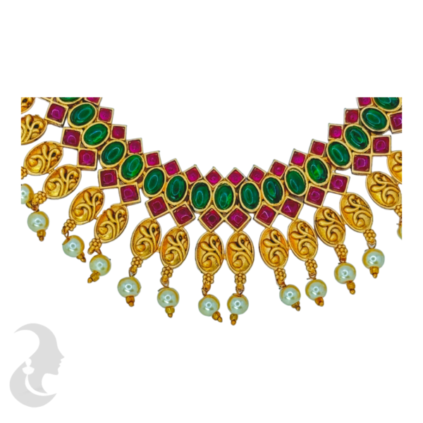 Gold Necklace - Green Color, Ruby Color Stones - Studs, Product Code: V-1005 - Image 2