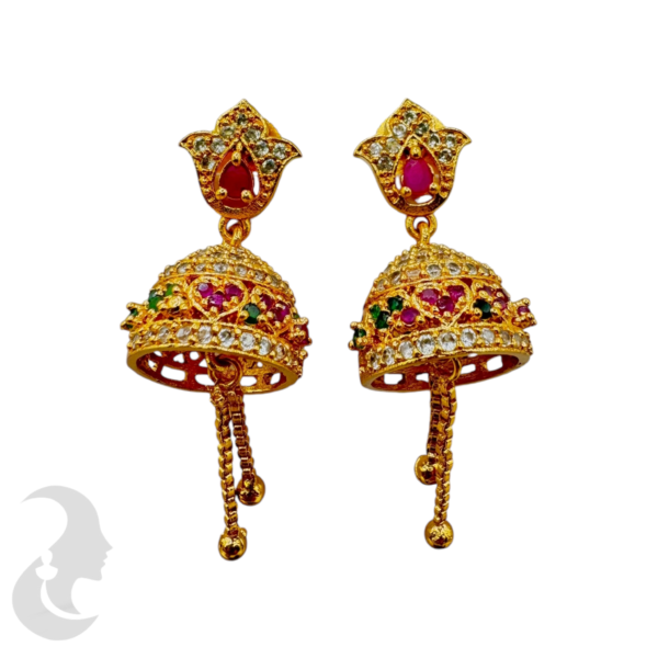 Gold AD Jhumka- Green & Ruby Color Stones, Product Code: V-1050