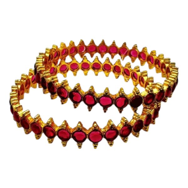 Gold Bangles- Ruby Color Round Stones- 2 Bangles Set. Product Code:  V-1400