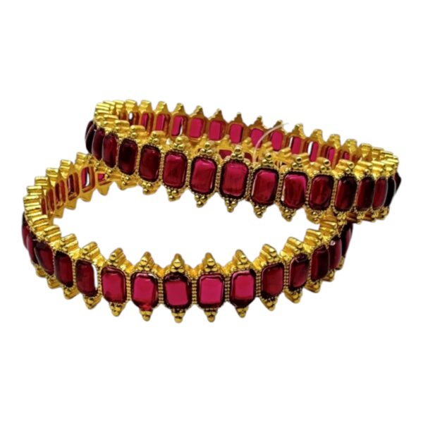 Gold Bangles- Ruby Color Square Stones- 2 Bangles Set. Product Code:  V-1401