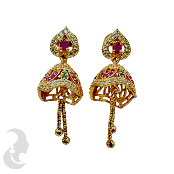 Gold AD Jhumka- Green & Ruby Color Stones., Product Code: V-1051