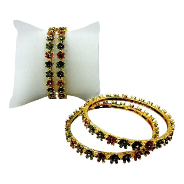 Gold Bangles- Flower Design- Multi Color Bangles- Plain Stones- 4 Bangles Set. Product Code:  V-1404