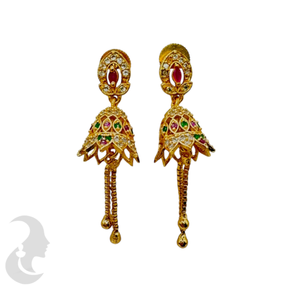 Gold AD Jhumka- Green & Ruby Color Stones., Product Code: V-1052