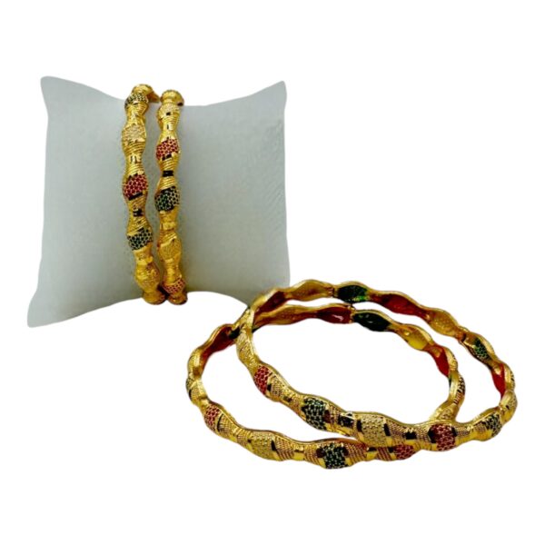 Gold Bangles- Wavy Designs- Red, White And Green Color Colors- 4 Bangles Set. Product Code:  V-1406