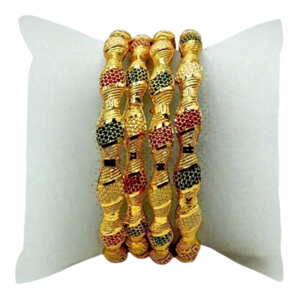 Gold Bangles- Wavy Designs- Red, White And Green Color Colors- 4 Bangles Set. Product Code:  V-1406 - Image 2