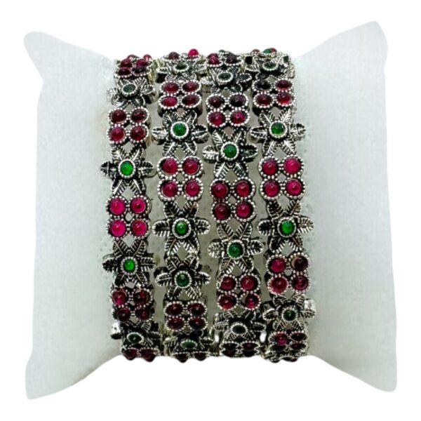 Black Silver- Flower Design- Ruby Color And Green Color Stones- 4 Bangles Set. Product Code:  V-1408