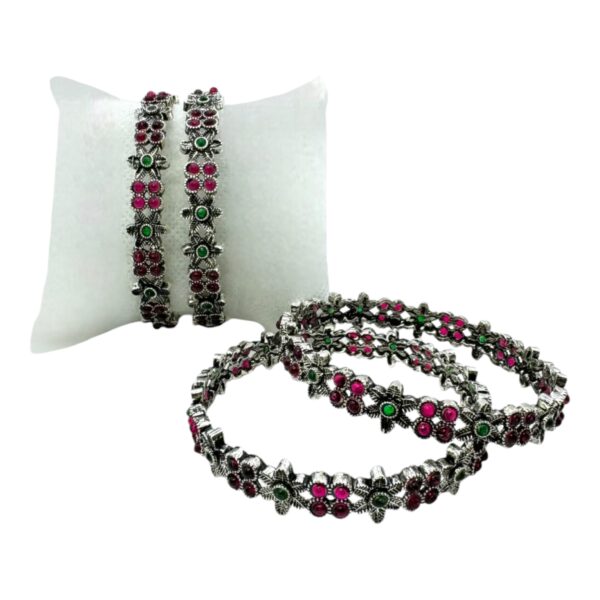 Black Silver- Flower Design- Ruby Color And Green Color Stones- 4 Bangles Set. Product Code:  V-1408 - Image 2