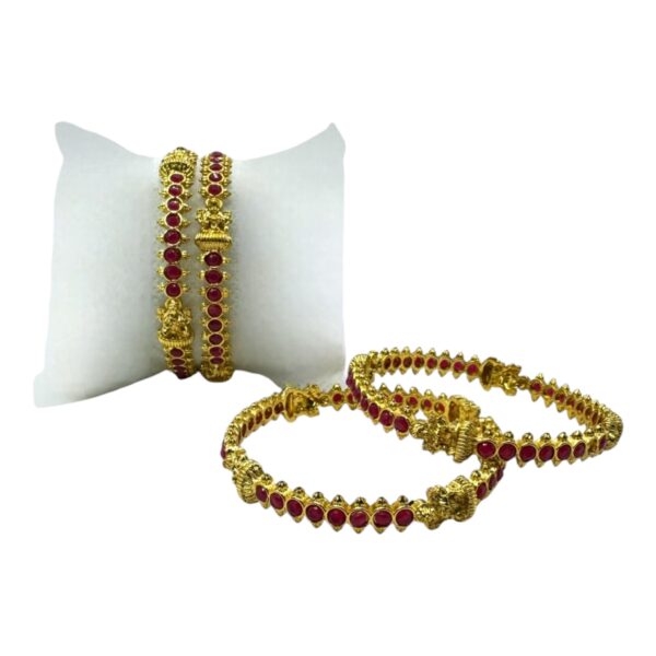 Gold Bangles- Lakshmi Design- Pink Color Stones- 4 Bangles Set. Product Code:  V-1409 - Image 2