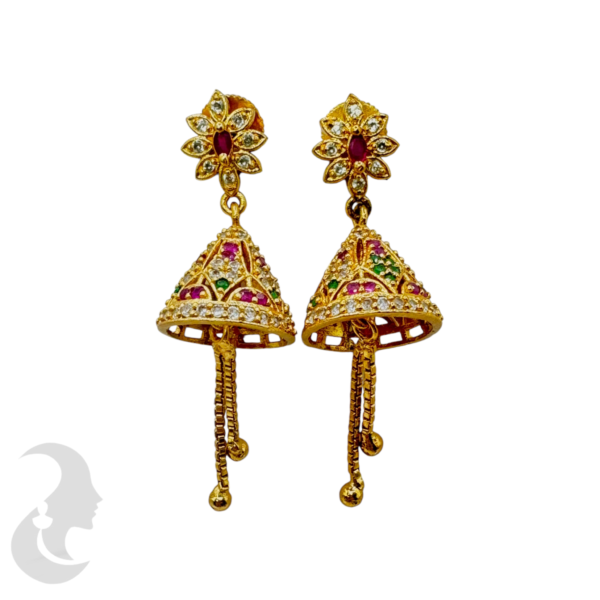 Gold AD Jhumka- Green & Ruby Color Stones., Product Code: V-1053