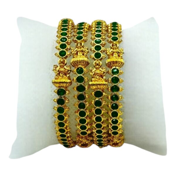 Gold Bangles- Lakshmi Design- Green Color Stones- 4 Bangles Set. Product Code:  V-1410