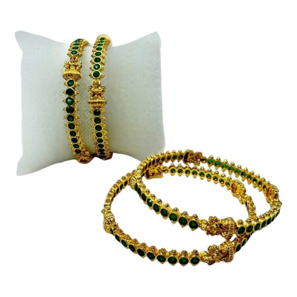 Gold Bangles- Lakshmi Design- Green Color Stones- 4 Bangles Set. Product Code:  V-1410 - Image 2