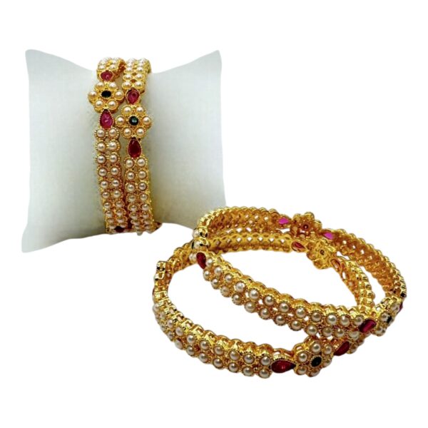 Gold Bangles- Flower Design- Ruby Color, Green Color And Pearl Stones- 4 Bangles Set. Product Code:  V-1411