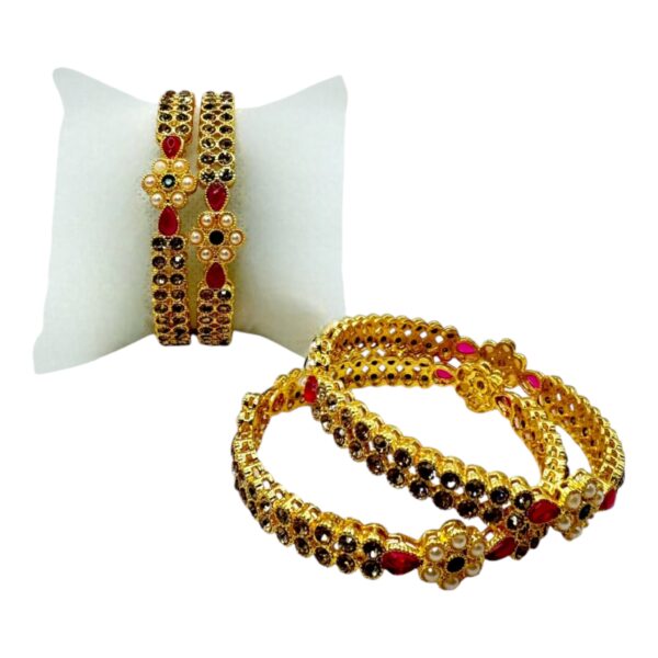 Gold Bangles- Flower Design- Ruby Color, Green Color And Plain Stones- 4 Bangles Set. Product Code:  V-1412