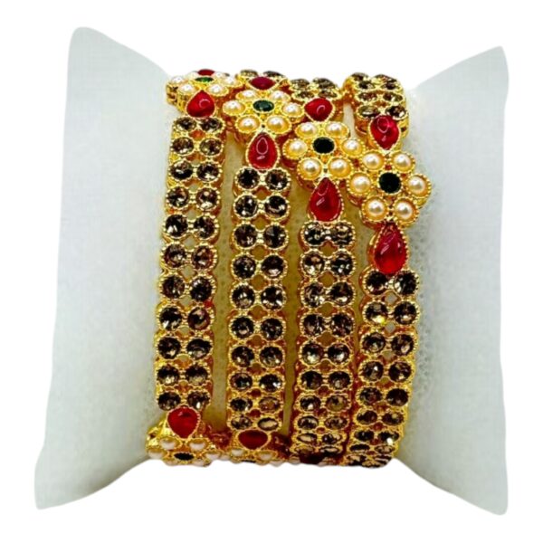 Gold Bangles- Flower Design- Ruby Color, Green Color And Plain Stones- 4 Bangles Set. Product Code:  V-1412 - Image 2