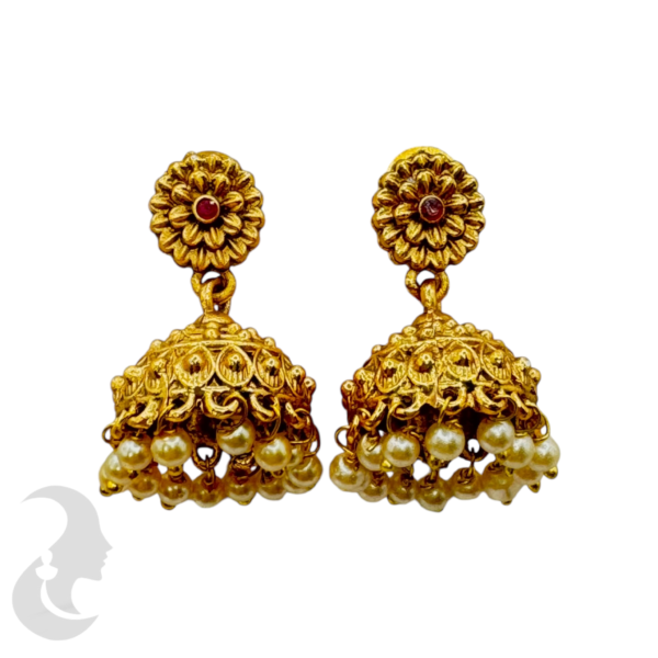 Gold Jhumka- Red Stone, Product Code: V-1054