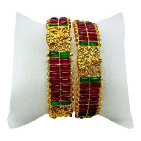 Gold Bangles- Lakshmi Design- Ruby Color And Green Color Stones- 2 Bangles Set. Product Code:  V-1413