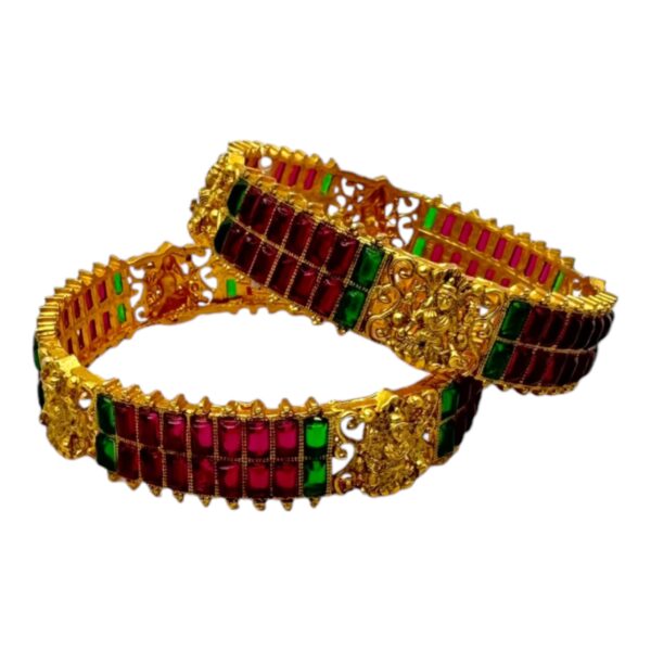 Gold Bangles- Lakshmi Design- Ruby Color And Green Color Stones- 2 Bangles Set. Product Code:  V-1413 - Image 2