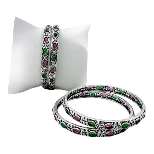 Black Silver- Ruby Color And Green Color Stones- 4 Bangles Set. Product Code:  V-1415 - Image 2