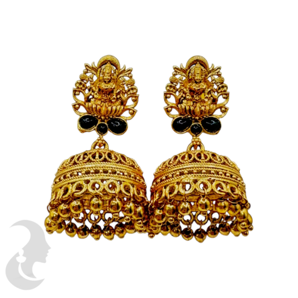 Gold Lakshmi Jhumka- Black Stone, Product Code: V-1055