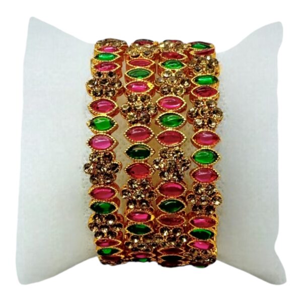 Gold Bangles- Ruby Color And Green Color Stones- 4 Bangles Set. Product Code:  V-1418