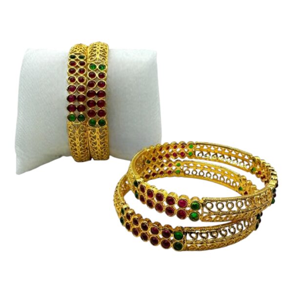 Gold Bangles- Ruby Color And Green Color Stones- 4 Bangles Set. Product Code:  V-1421 - Image 2