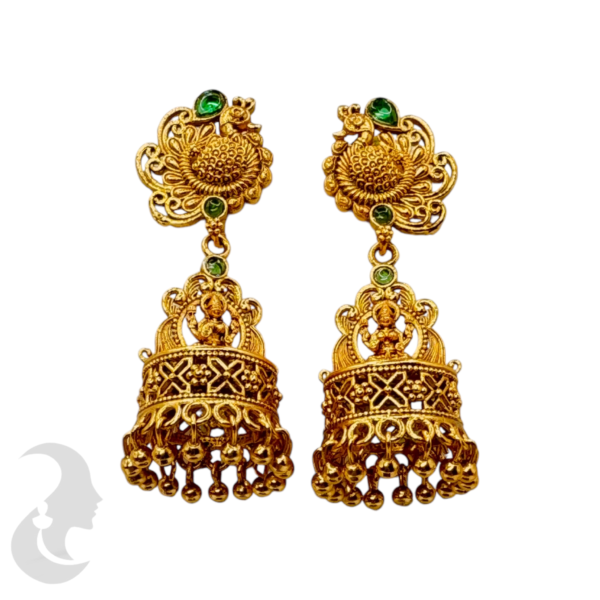 Gold Peacock Lakshmi Design Jhumka- Green Color Stone, Product Code: V-1057