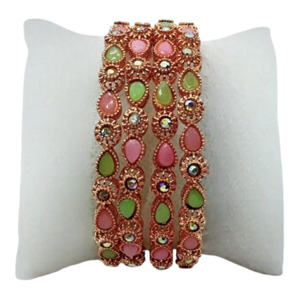 Rose Gold Bangles- Lakshmi Design- Pink And Mint Stones- 4 Bangles Set. Product Code:  V-1423