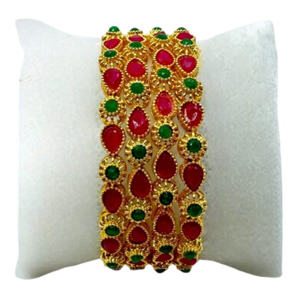 Gold Bangles- Ruby Color And Green Color Stones- 4 Bangles Set. Product Code:  V-1424