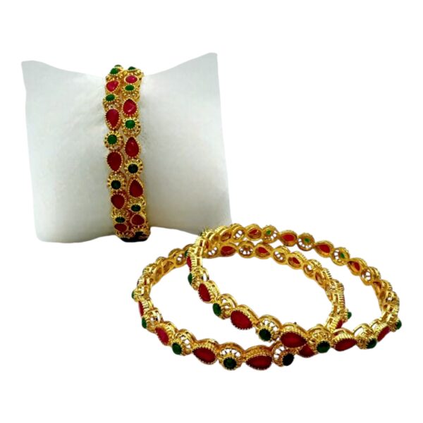 Gold Bangles- Ruby Color And Green Color Stones- 4 Bangles Set. Product Code:  V-1424 - Image 2