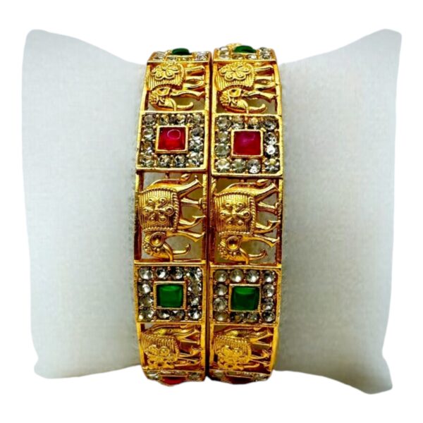 Gold Bangles- Elephant Design- Ruby Color And Green Color Stones- 2 Bangles Set. Product Code:  V-1425