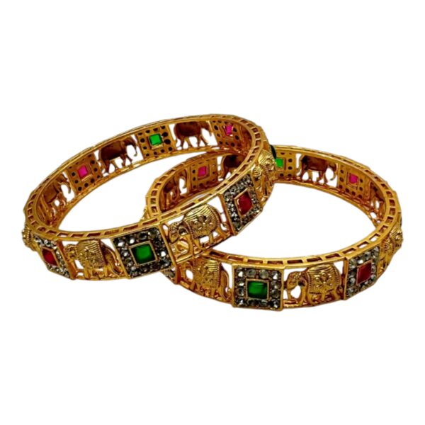 Gold Bangles- Elephant Design- Ruby Color And Green Color Stones- 2 Bangles Set. Product Code:  V-1425 - Image 2