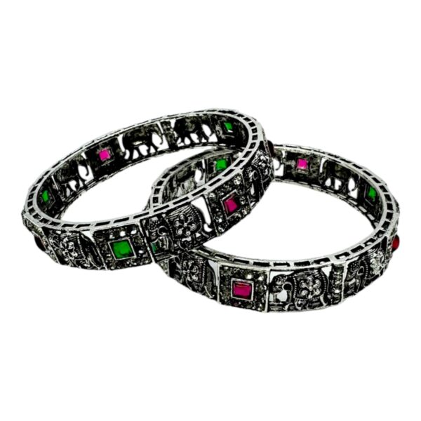 Silver Bangles- Elephant Design- Ruby Color And Green Color Stones- 2 Bangles Set. Product Code:  V-1427 - Image 2