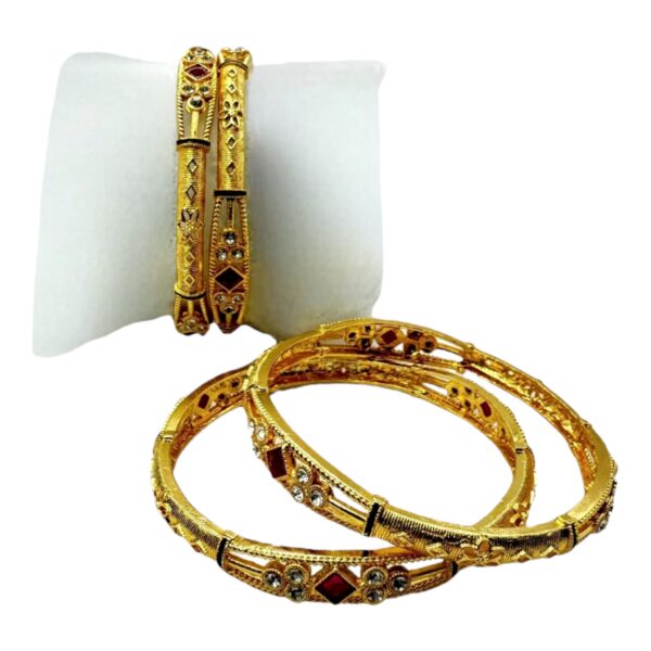 Gold Unique Design- Plain And Ruby Color Stones- 4 Bangles Set. Product Code:  V-1429