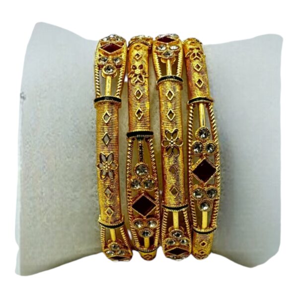 Gold Unique Design- Plain And Ruby Color Stones- 4 Bangles Set. Product Code:  V-1429 - Image 2