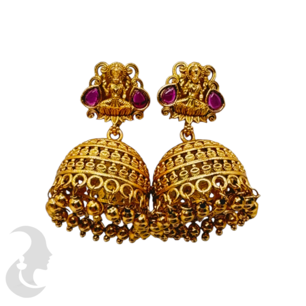 Gold Lakshmi Jhumka- Pink stone, Product Code: V-1059