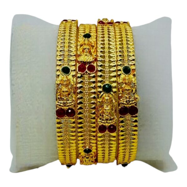 Gold Bangles- Lakshmi Design- Plain And Ruby Color Stones- 4 Bangles Set. Product Code:  V-1430